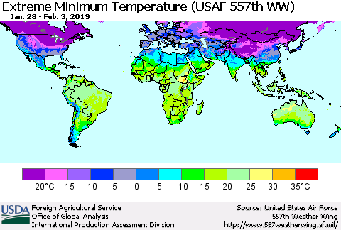 World Minimum Daily Temperature (USAF 557th WW) Thematic Map For 1/28/2019 - 2/3/2019