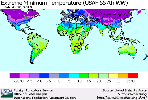 World Minimum Daily Temperature (USAF 557th WW) Thematic Map For 2/4/2019 - 2/10/2019