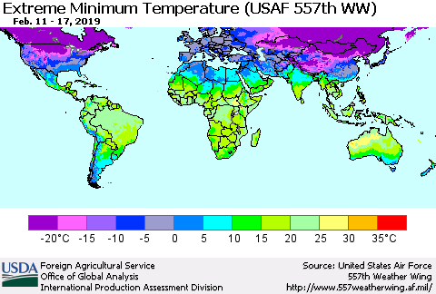 World Minimum Daily Temperature (USAF 557th WW) Thematic Map For 2/11/2019 - 2/17/2019