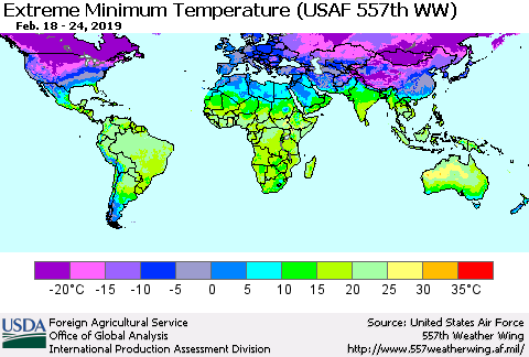World Minimum Daily Temperature (USAF 557th WW) Thematic Map For 2/18/2019 - 2/24/2019
