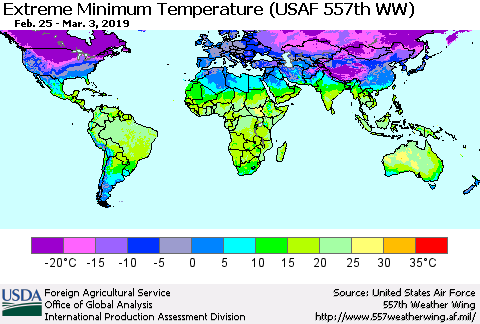 World Minimum Daily Temperature (USAF 557th WW) Thematic Map For 2/25/2019 - 3/3/2019