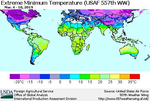 World Minimum Daily Temperature (USAF 557th WW) Thematic Map For 3/4/2019 - 3/10/2019