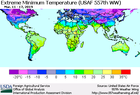 World Minimum Daily Temperature (USAF 557th WW) Thematic Map For 3/11/2019 - 3/17/2019