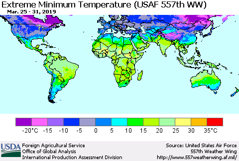 World Minimum Daily Temperature (USAF 557th WW) Thematic Map For 3/25/2019 - 3/31/2019