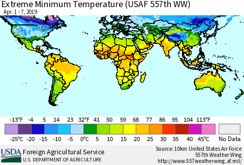 World Minimum Daily Temperature (USAF 557th WW) Thematic Map For 4/1/2019 - 4/7/2019