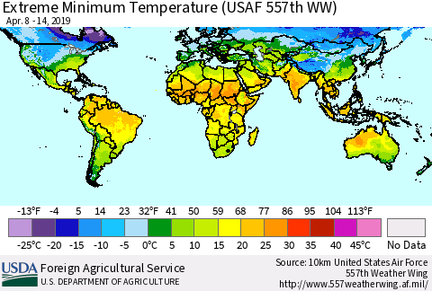 World Minimum Daily Temperature (USAF 557th WW) Thematic Map For 4/8/2019 - 4/14/2019