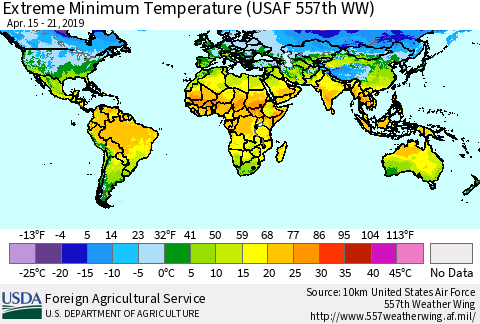 World Minimum Daily Temperature (USAF 557th WW) Thematic Map For 4/15/2019 - 4/21/2019