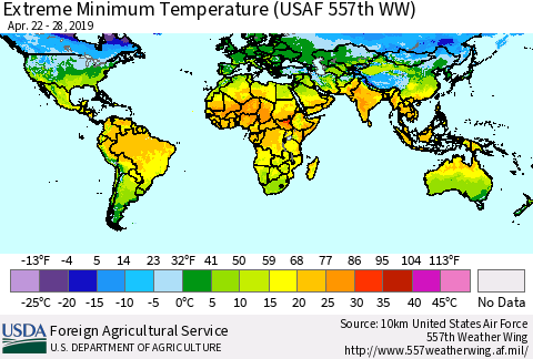 World Minimum Daily Temperature (USAF 557th WW) Thematic Map For 4/22/2019 - 4/28/2019