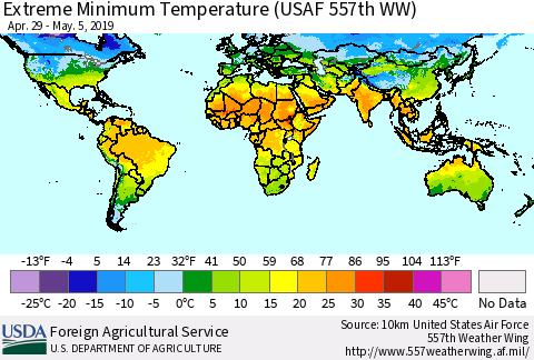World Minimum Daily Temperature (USAF 557th WW) Thematic Map For 4/29/2019 - 5/5/2019