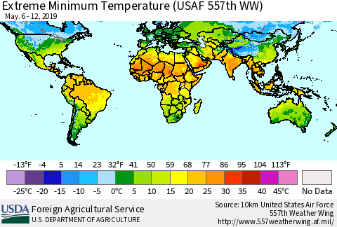World Minimum Daily Temperature (USAF 557th WW) Thematic Map For 5/6/2019 - 5/12/2019