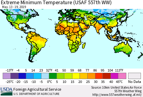 World Minimum Daily Temperature (USAF 557th WW) Thematic Map For 5/13/2019 - 5/19/2019