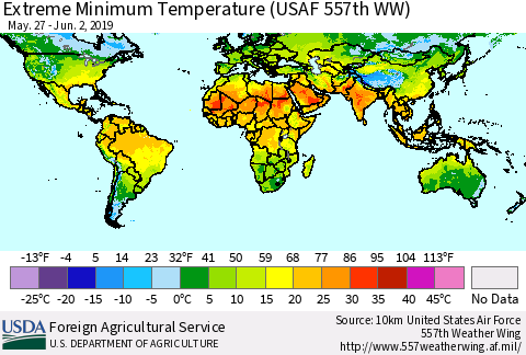 World Minimum Daily Temperature (USAF 557th WW) Thematic Map For 5/27/2019 - 6/2/2019