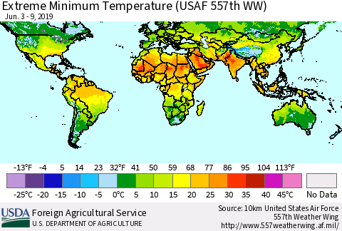 World Minimum Daily Temperature (USAF 557th WW) Thematic Map For 6/3/2019 - 6/9/2019