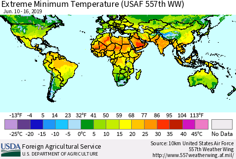 World Minimum Daily Temperature (USAF 557th WW) Thematic Map For 6/10/2019 - 6/16/2019
