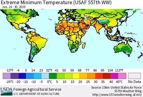 World Minimum Daily Temperature (USAF 557th WW) Thematic Map For 6/24/2019 - 6/30/2019