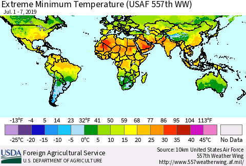 World Minimum Daily Temperature (USAF 557th WW) Thematic Map For 7/1/2019 - 7/7/2019