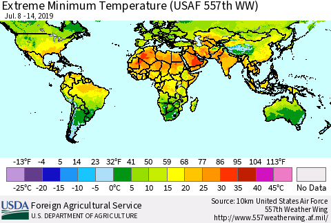 World Minimum Daily Temperature (USAF 557th WW) Thematic Map For 7/8/2019 - 7/14/2019