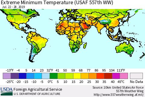 World Minimum Daily Temperature (USAF 557th WW) Thematic Map For 7/22/2019 - 7/28/2019