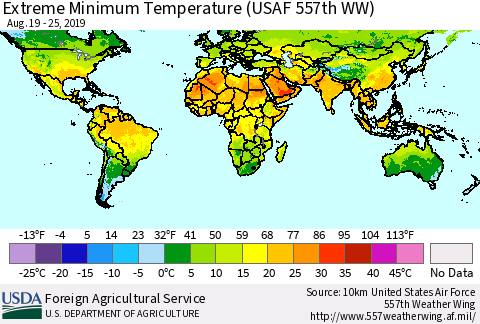World Minimum Daily Temperature (USAF 557th WW) Thematic Map For 8/19/2019 - 8/25/2019