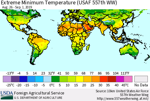 World Minimum Daily Temperature (USAF 557th WW) Thematic Map For 8/26/2019 - 9/1/2019