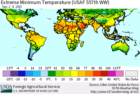 World Minimum Daily Temperature (USAF 557th WW) Thematic Map For 9/2/2019 - 9/8/2019