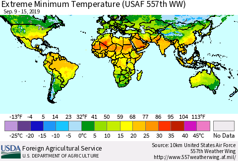 World Minimum Daily Temperature (USAF 557th WW) Thematic Map For 9/9/2019 - 9/15/2019