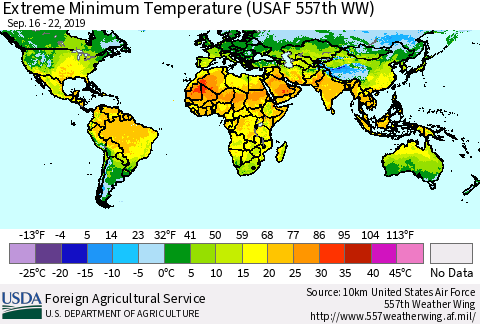 World Minimum Daily Temperature (USAF 557th WW) Thematic Map For 9/16/2019 - 9/22/2019