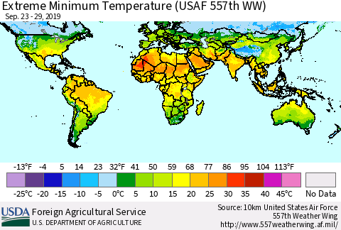 World Minimum Daily Temperature (USAF 557th WW) Thematic Map For 9/23/2019 - 9/29/2019