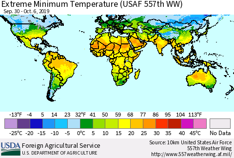 World Minimum Daily Temperature (USAF 557th WW) Thematic Map For 9/30/2019 - 10/6/2019