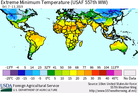 World Minimum Daily Temperature (USAF 557th WW) Thematic Map For 10/7/2019 - 10/13/2019
