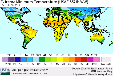 World Minimum Daily Temperature (USAF 557th WW) Thematic Map For 10/14/2019 - 10/20/2019