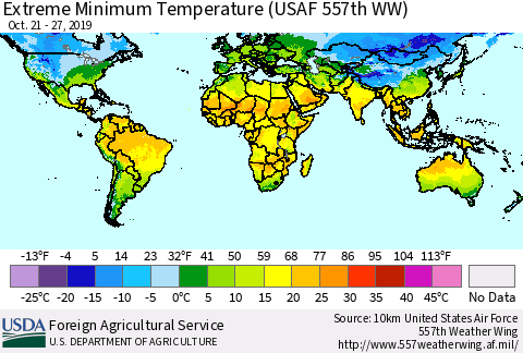 World Minimum Daily Temperature (USAF 557th WW) Thematic Map For 10/21/2019 - 10/27/2019