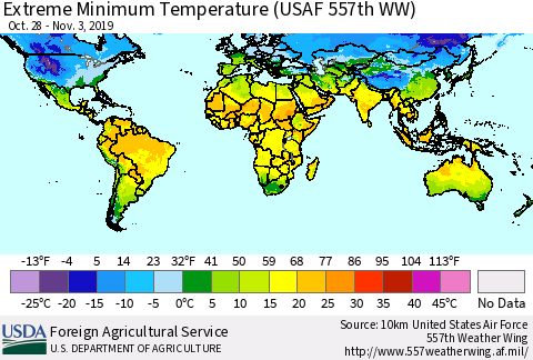 World Minimum Daily Temperature (USAF 557th WW) Thematic Map For 10/28/2019 - 11/3/2019