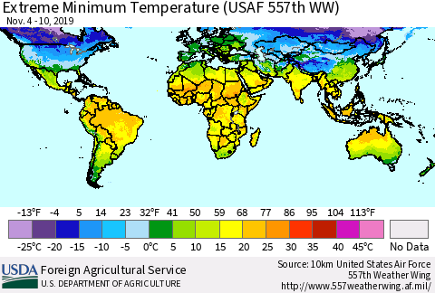 World Minimum Daily Temperature (USAF 557th WW) Thematic Map For 11/4/2019 - 11/10/2019
