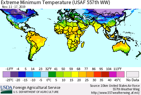 World Minimum Daily Temperature (USAF 557th WW) Thematic Map For 11/11/2019 - 11/17/2019