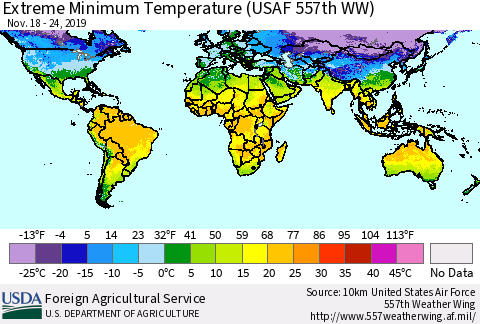 World Minimum Daily Temperature (USAF 557th WW) Thematic Map For 11/18/2019 - 11/24/2019