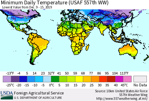 World Minimum Daily Temperature (USAF 557th WW) Thematic Map For 12/9/2019 - 12/15/2019