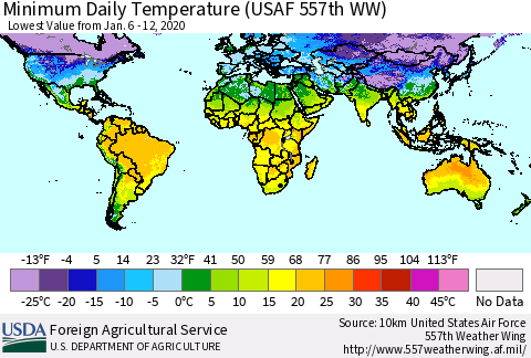 World Minimum Daily Temperature (USAF 557th WW) Thematic Map For 1/6/2020 - 1/12/2020