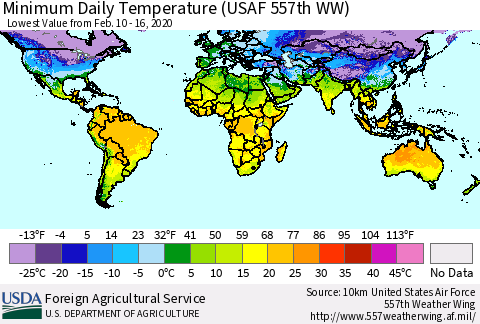 World Minimum Daily Temperature (USAF 557th WW) Thematic Map For 2/10/2020 - 2/16/2020