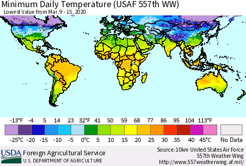 World Minimum Daily Temperature (USAF 557th WW) Thematic Map For 3/9/2020 - 3/15/2020