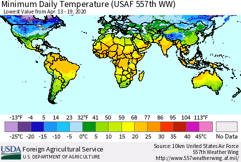 World Minimum Daily Temperature (USAF 557th WW) Thematic Map For 4/13/2020 - 4/19/2020
