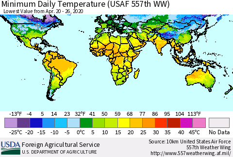 World Minimum Daily Temperature (USAF 557th WW) Thematic Map For 4/20/2020 - 4/26/2020