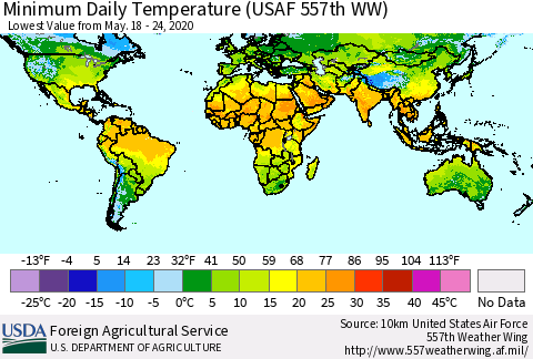 World Minimum Daily Temperature (USAF 557th WW) Thematic Map For 5/18/2020 - 5/24/2020