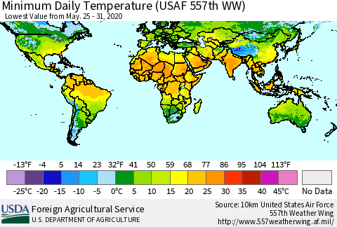 World Minimum Daily Temperature (USAF 557th WW) Thematic Map For 5/25/2020 - 5/31/2020