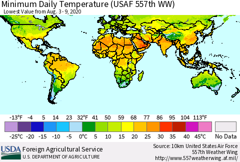 World Minimum Daily Temperature (USAF 557th WW) Thematic Map For 8/3/2020 - 8/9/2020