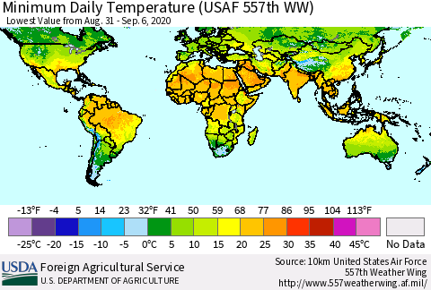 World Minimum Daily Temperature (USAF 557th WW) Thematic Map For 8/31/2020 - 9/6/2020
