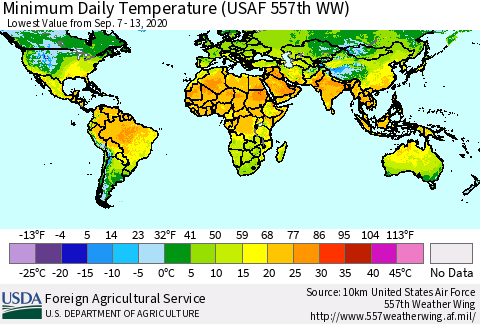 World Minimum Daily Temperature (USAF 557th WW) Thematic Map For 9/7/2020 - 9/13/2020