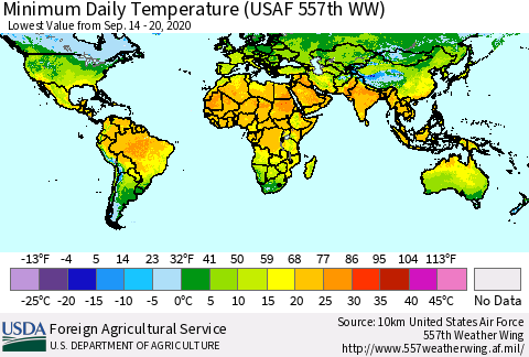 World Minimum Daily Temperature (USAF 557th WW) Thematic Map For 9/14/2020 - 9/20/2020
