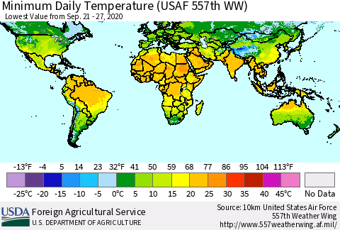 World Minimum Daily Temperature (USAF 557th WW) Thematic Map For 9/21/2020 - 9/27/2020