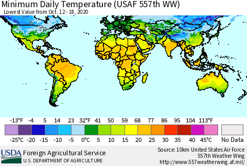 World Minimum Daily Temperature (USAF 557th WW) Thematic Map For 10/12/2020 - 10/18/2020